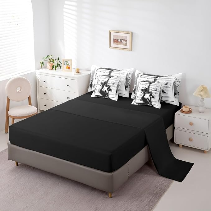 Feelyou Music 7 Pieces Bedding Set Twin Size Guitar Comforter Set with Sheets for Kids Boys Girls Rock Music Bed in a Bag Guitar Instruments Bed Set