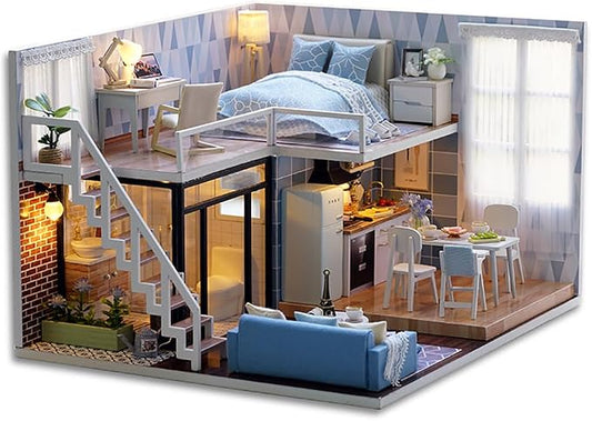 TuKIIE DIY Miniature Dollhouse Kit with Furniture, 1:24 Scale Creative Room Mini Wooden Doll House Accessories Plus Dust Proof & Music Movement for Kids Teens Adults(Blue Times)