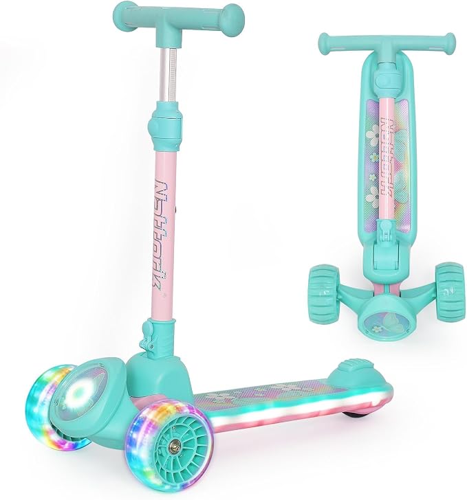 Nattork Kids Scooter for Girls with Light Up Wheels, Deck and Headlight, Wide Anti-Slip Deck and T-bar Handle with Rear Foot Brake, Adjustable Height 3 Wheel Scooter for Kids Ages 3+ and up to 220Lbs
