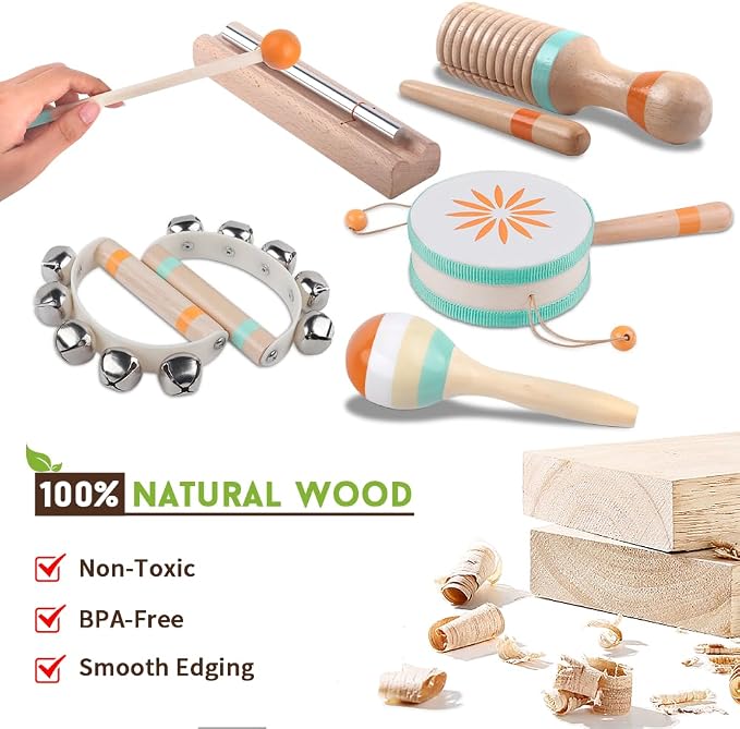 Toddlers Musical Instruments-Baby Montessori Wooden Musical Toys for Toddlers 18 Month,Kids Percussion Instruments Toy for Preschool Kids,Christmas Birthday Gift for Baby Boys Girls