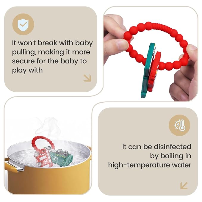 Silicone Baby Ring Toy with Fire Truck,Garbage Truck Teethers,Must Haves Teething Relief Chew Toys for 0-6,6-12 Months Boys and Girls,Newborns Essentials,Safe and Soft,BPA Free.