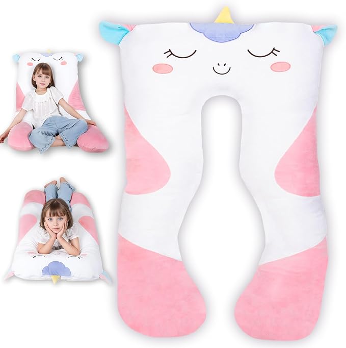 47x23 inch U Shaped Long Plush Body Pillows for Kids, Stuffed Animal Unicorn Soft Large Pillow for Sleeping, Big Cute Plushies, Washable Cover, Gift for Boys and Girls