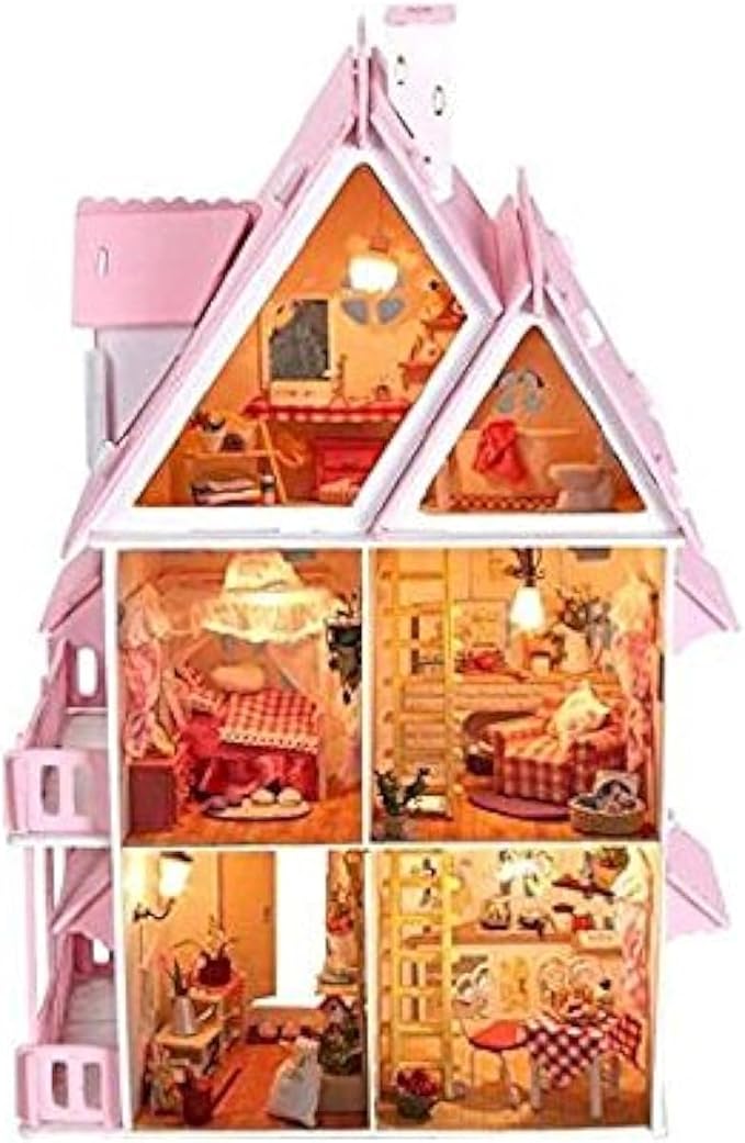 NWFashion Children's 17" 2 Floors with Furnitures Lights DIY Kits Assemble Miniature Wooden Dollhouse(Sunshine Alice)