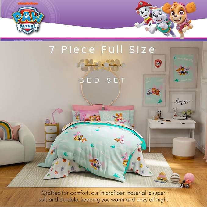 Paw Patrol Girl Skye Kids Bedding Super Soft & Cozy Reverisble Microfiber Comforter and Sheet Set with Sham, 7 Piece Full Size, (Officially Licensed Product) By Franco