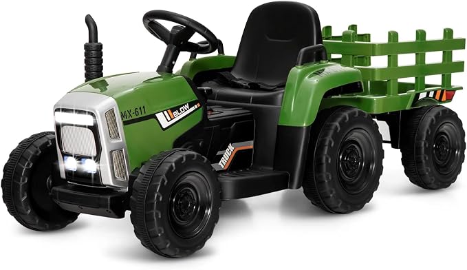 HONEY JOY Ride On Tractor with Trailer, Toddler 3-Gear-Shift Ground Loader, LED Lights, Horn, Music, 12V Battery Powered Electric Toy Tractor with Remote Control(Dark Green)