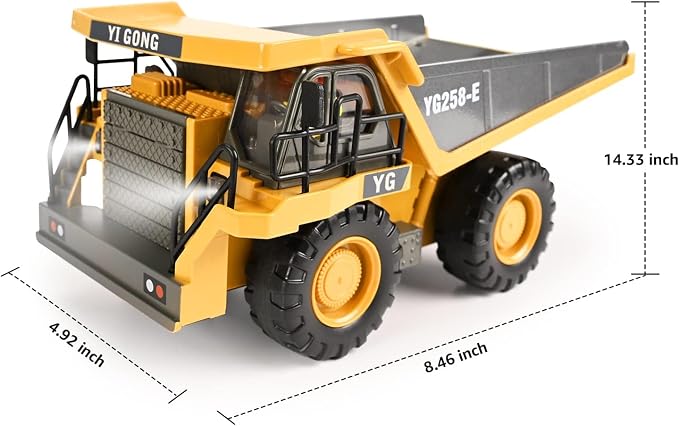KidsFaves Remote Control Dump Truck Toys 9 Channel 2 Batteries RC Construction Toy Vehicles with Metal Bed Lights/Sounds, Birthday Gifts for Boys Age 3+