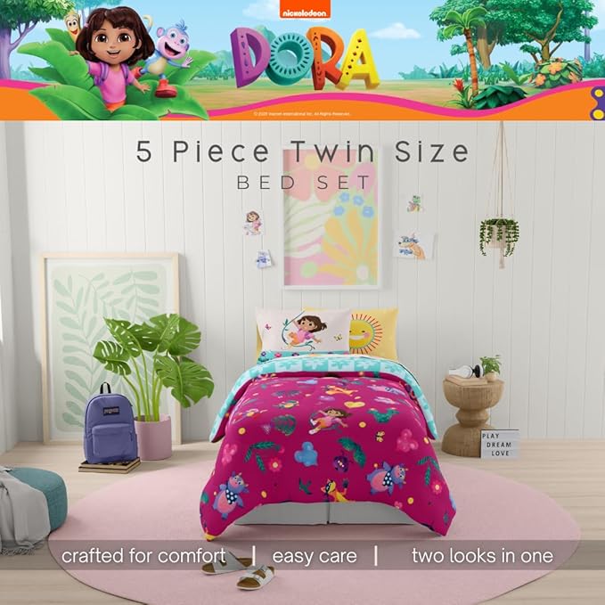 Dora The Explorer Kids Bedding Set Super Soft & Cozy Reversible Microfiber Comforter and Sheet Set with Sham, 5 Piece Twin Size, (Officially Licensed Product) By Franco