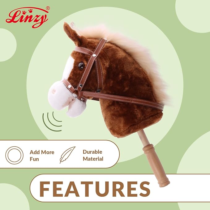 Linzy Toys 35.5" Plush Stick Horse - Funny Hobby Horse with Pony Sound, Soft Realistic Mane & Durable Leather Reins, Pretend Play Riding Toy for Boys & Girls Ages 3+ (Brown)