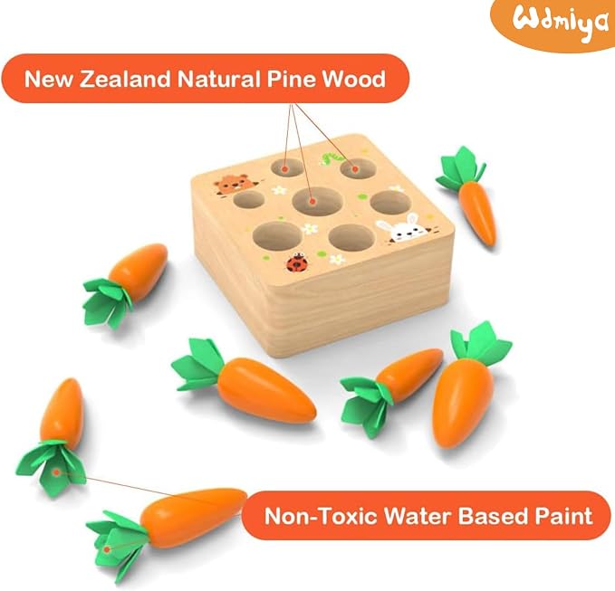Wdmiya Montessoritoys for 1 Year Old, Wooden Toys Developmental Shape Sorting & Matching Puzzle Carrots Harvest Game, Birthday Gifts for Toddlers Babies Boys and Girls 6-12 Months Christmas