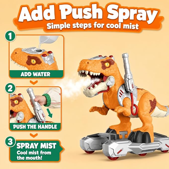 Dinosaur Ride-On Scooter for Toddlers – Electric Push & Ride Foot-to-Floor Sliding Rideable Toy with Music, Lights, Mist Spray for Boys & Girls - Orange (Orange)