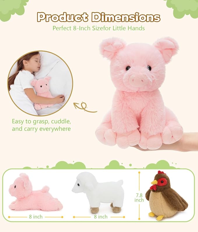 Tezituor Farm Animal Stuffed Animals 6 Pack, 8 Inch Plush Toys Bulk with Chicken Pig Lamb, Soft Barnyard Animal Plushies for Kids Toddlers, Farm Theme Party Favors, Birthday Gifts, Classroom Prizes
