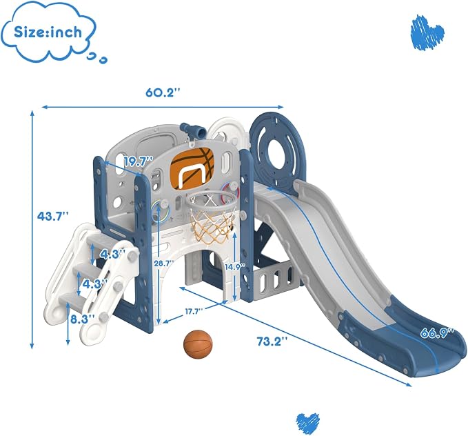 XJD 8 in 1 Toddler Slide Set, Kids Slide for Toddlers Age 1+, Climber Slide PlaySet with Basketball Hoop and Ball,Outdoor Indoor Playground for Toddlers 1-3 (Blue Gley, 8 in 1)