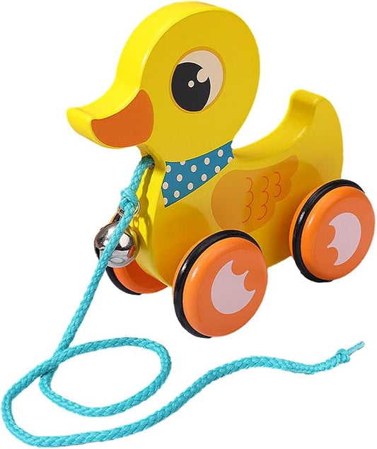 kowaku Push and Pull Along Toy Wooden Animal Educational Walking Toy with String Bell Wheels Anti Slip Feature Rounded Edges Suitable for, Duck