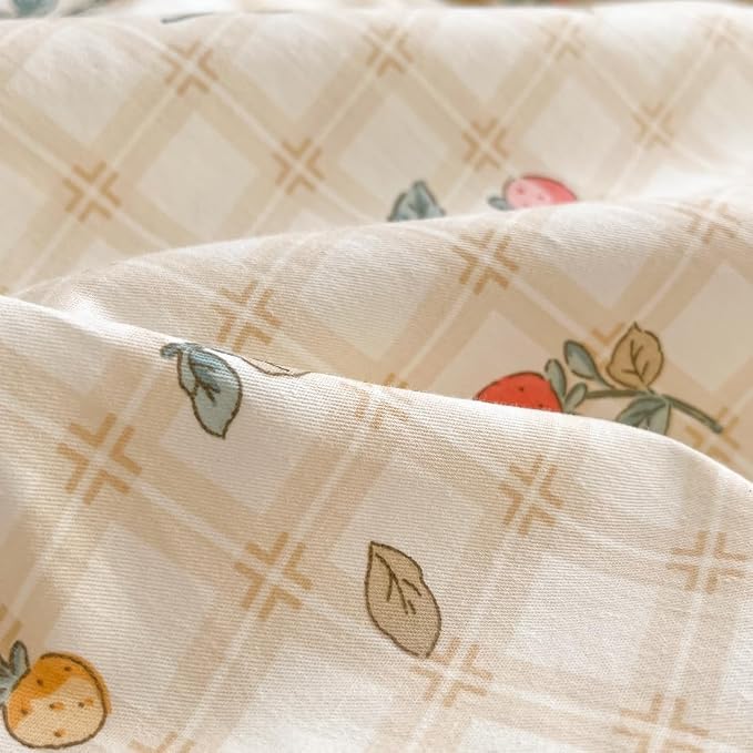 LIWHENHAO Strawberry Duvet Cover Set Queen 100% Cotton Bedding Red Yellow Fruit Floral Flower on Cream White 1 Plaid Grid Comforter Cover Full 2 Pillowcases for Kids Girls Boys Woman