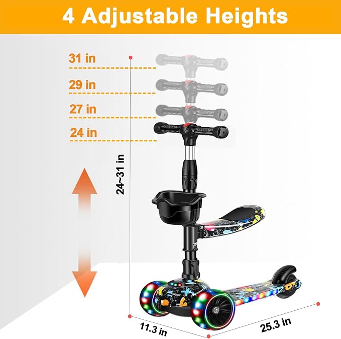 2-in-1 Kick Scooter for Kids Ages 3-8, Adjustable Height Foldable Scooter Removable Seat, 3 LED Light Wheels, Outdoor Activities for Toddlers Boys Girls