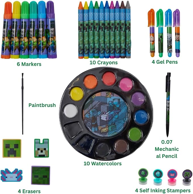 Innovative Designs Minecraft Creativity Fun Kids Art Set for Coloring, Painting, and Crafts