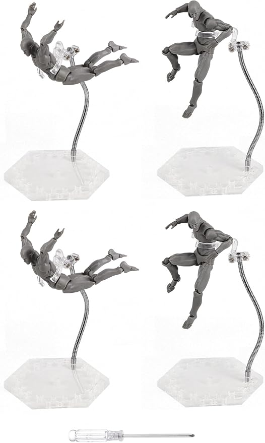 Action Figure Stand with Flexible Metal Arm,Action Figure Pose Display Holder Base,Flight Stands for Action Figures Compatible with HG RG SD SHF Gundam 1/144 Toy with Screwdriver (4Pcs Clear)