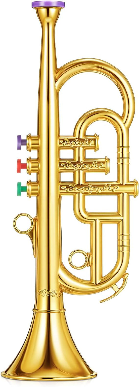 Lewtemi Gold Three-Valve Trumpet Musical Instruments Toy for Kid Toddler Fake Plastic Preschool Music Toy Gift Portable Wind Instrument Early Educational Teaching Songs Gifts for Toddlers Children