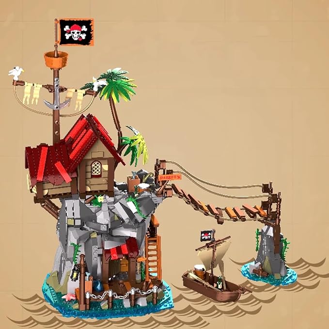 Viking Medieval Pirate's Cliffside Broken Mast Cabin Wharf Building Set House Building Block Toy, Medieval Pirate Ship Architecture Bricks Kit,Gift for Women or Adult 1045pcs