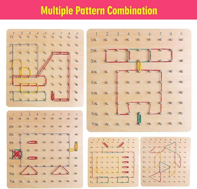 Wooden Geoboard with Pattern Cards & Rubber Bands, Montessori STEM Educational Toy for Kids 3-5 5-8 Years Old, Brain Teaser Puzzle Game for Geometry Learning and Creative Shapes