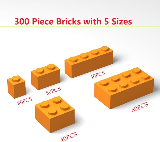 300Pcs Building Brick Bulk, Orange Bulk Bricks with 5 Sizes, Compatible with Lego and Parts and Pieces, Creative Building Block Toys for Boys Girls Ages 6 7 8 9 10 Years Old