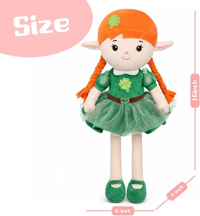 Soft Elf Plush Doll 16inch,Cute Lucky Fairy Doll First Baby Doll, Stuffed Toy with Green Dress, Ideal Gift for Toddlers Infants Kids Birthday St. Patrick's Day