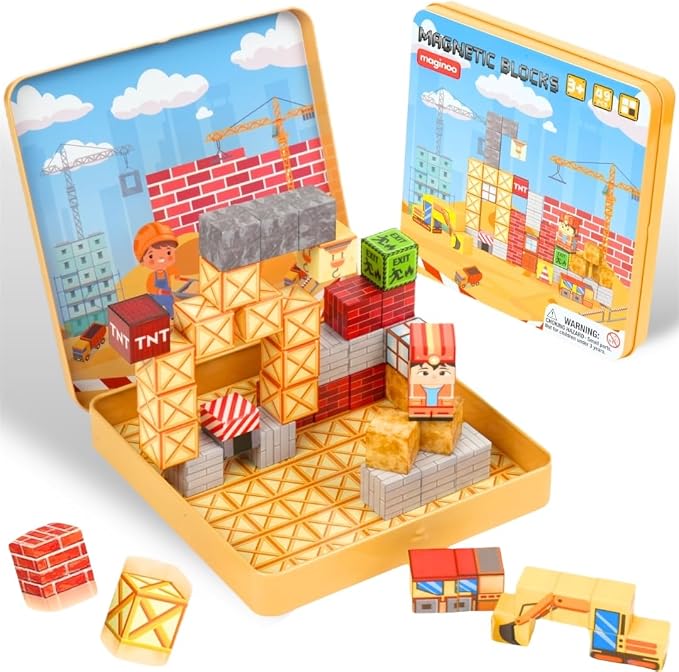 49PCS Mini Magnetic Blocks Construction Theme Travel Set for Kids Ages 3-8, STEM Magnetic Building Cubes Toy with Iron Storage Box, Portable Educational Sensory Toy for Boys Girls