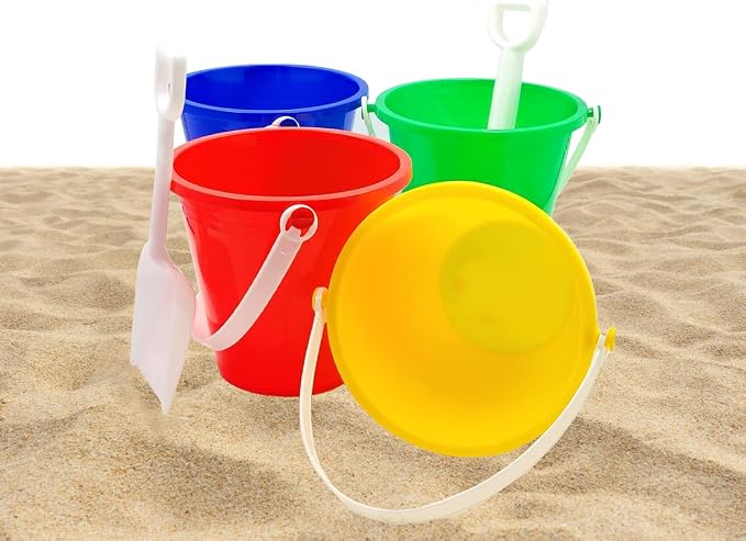 The Dreidel Company 6-Count Beach Day Playsets 5.25" Inch Sand Bucket Play Set Box Includes, Pail & Shovel Sand Toy for Boys and Girls Birthday Party Favor