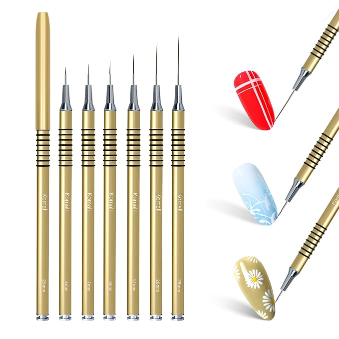 Komall Metallic Nail Art Brushes, 6Pcs Non Slip Liner Brush Set, UV Gel Polish Painting Art Design Pen for Long Lines, Thin Details, Fine Drawing Sizes 5/7/9/11/20/25mm(Gold)