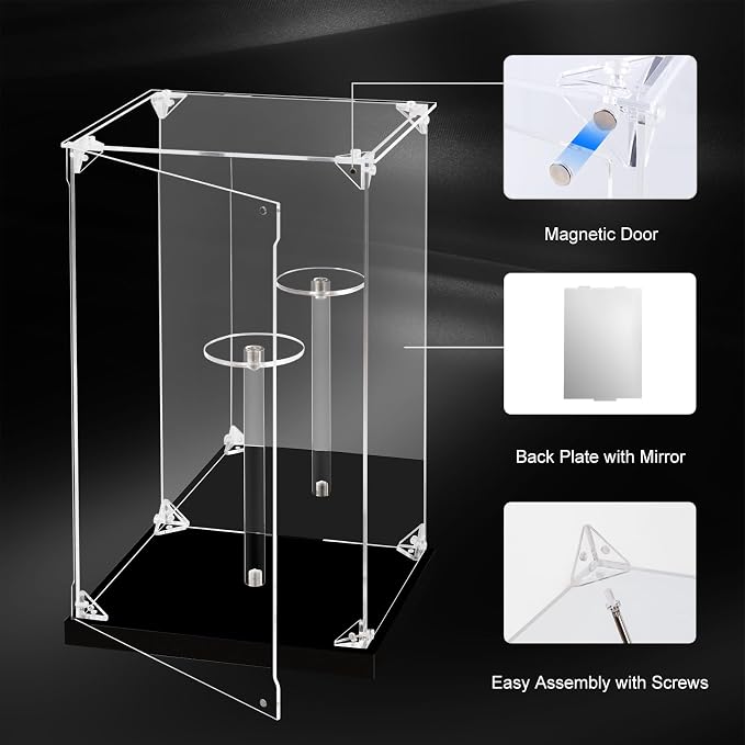 Acrylic Display Case for Collectibles Assemble Boxing Glove Display Case with Mirrored Back, Clear Acrylic Display Box Showcase for Action Figures Lego Model Doll Toys Display (8x7x13.8 inch)