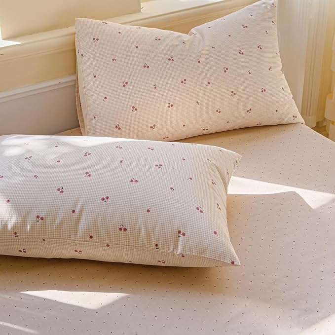 LIWHENHAO Cherry Duvet Cover Set Twin 100% Cotton Bedding Cartoon Red Cherries Ditsy Pattern on Beige 1 Cute Fruit Cottagecore Comforter Cover Zipper Closure 2 Pillowcases for Kids Girls Boys