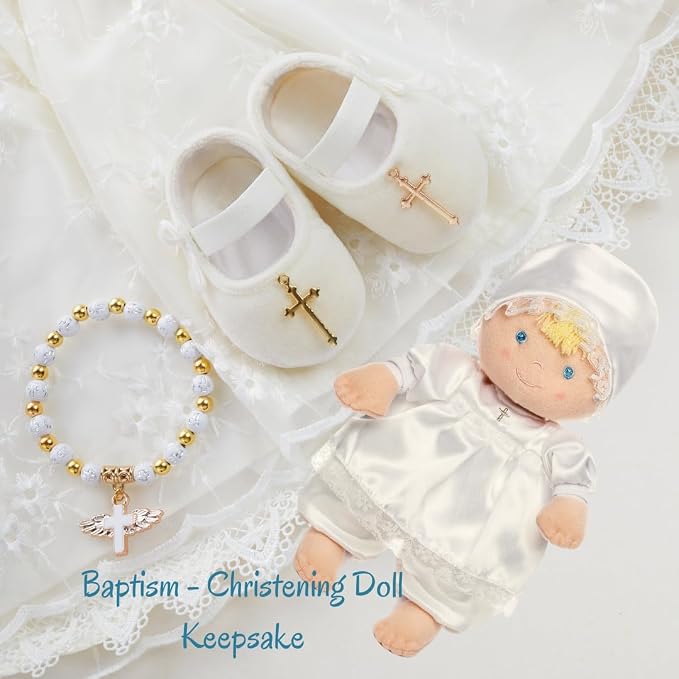 Genius Baby Toys Baptism Gift Baby Doll, Christening Doll in White Satin Dress, 12", Soft Plush, Gift-Ready Packaging, Catholic Baby Toy, Nontoxic, Baby Girls & Boys