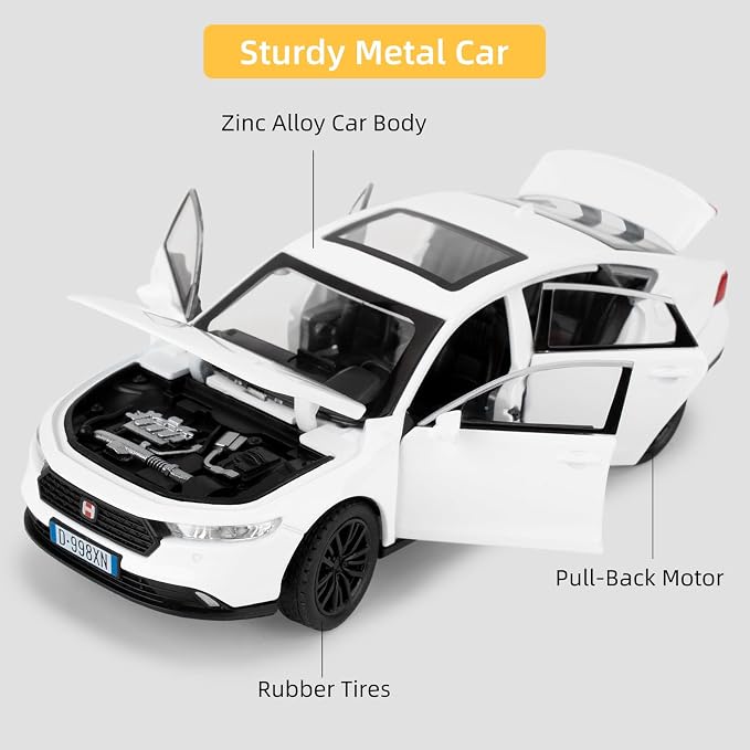 Collectible Toy Car Vehicle, 1:32 Scale Diecast Car Model with Lights and Sound, Alloy Pull Back Car for Kids Adults Birthday Gift (White)