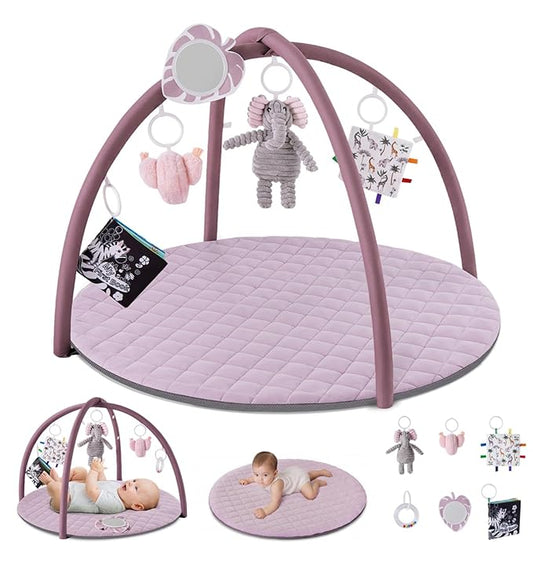 Blissful Diary Baby Play Gym Mat, Tummy Time Activity Mat with 6 Detachable Toys for Stage-Based Sensory & Motor Skill Development, Easy to Install & Clean, Baby Essentials Gift, Lavender Pink