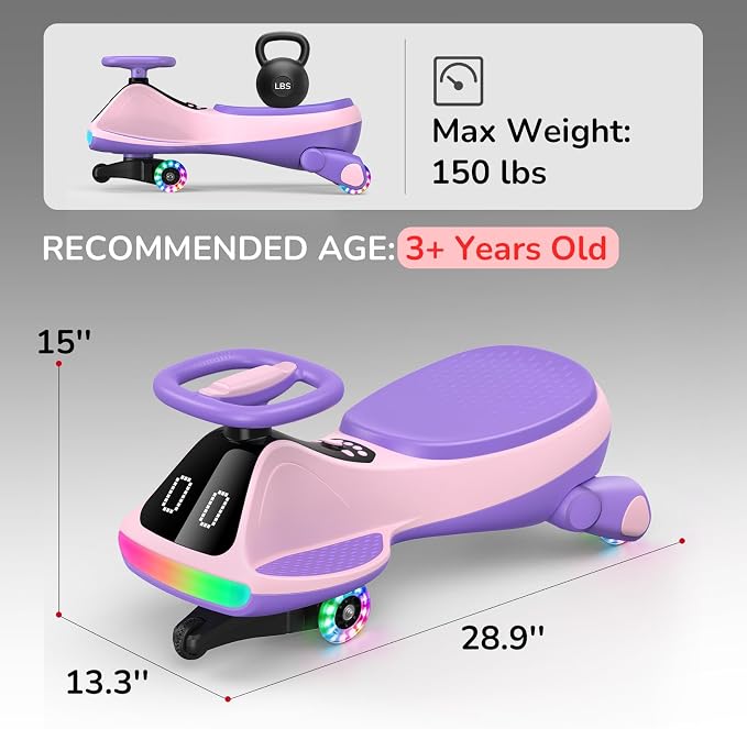 Umatoll 12V Electric Wiggle Car for Kids with Pedal, Display, Rechargeable Battery, LED Light, Bluetooth, Light-Up Wheels, Anti-Rollover, 2 Speeds, Ride on Toys, Birthday Gifts for Age 3+, 150Lbs