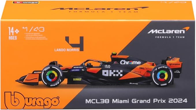 Bburago 1:43 Scale 2024 Race McLaren MCL38 Die-Cast Formula Vehicle with Helmet, Norris #4
