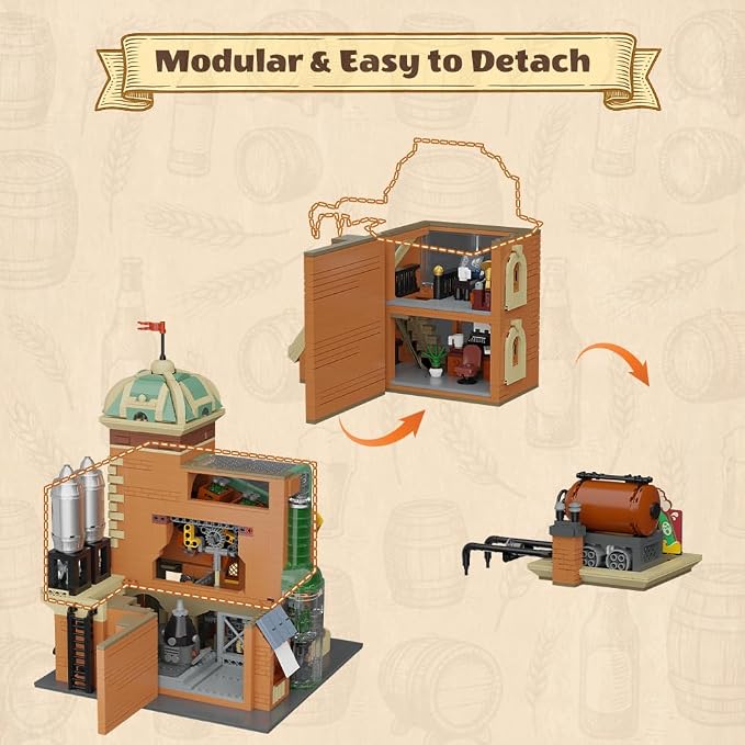 PANTASY Craft Beer Brewery Building Set for Adults – Vintage Microbrewery Factory Model with Modular Architecture, Dynamic Mechanisms, Self-Developed Minifigures & Display-Ready Design