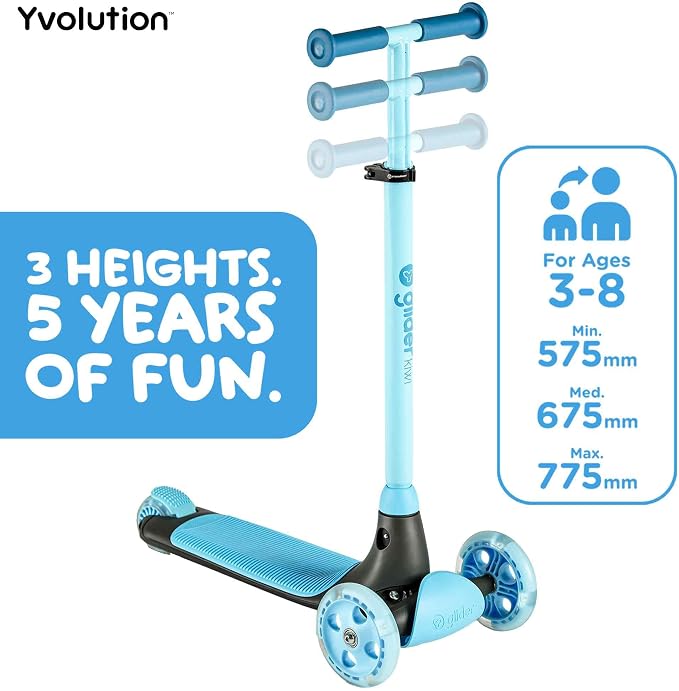 Yvolution Y Glider Air Scooter for Kids, 3 Wheel Scooter for Toddlers 4 Adjustable Height Glider with Kick Scooters, Lean to Steer with LED Flashing Light for Children Ages 3+ Years Old