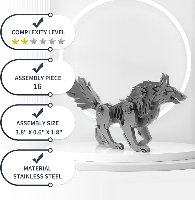 Microworld 3D Metal Puzzle, Mechanical Wolf 3D Metal Model Kits, Steel Warcraft Collection DIY Animal Brain Teasers Simple 3D Puzzles Home Decor Art Craft Gifts Toys for Adult Teens