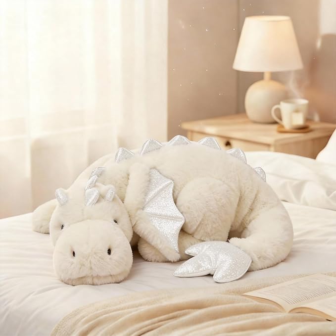 ARELUX Large 36in Cute Dragon Stuffed Animals Plush Toy Soft White Pterosaur Plushie Giant Fuzzy Dinosaur Pillow Plushies with Wings Cuddly for Friends