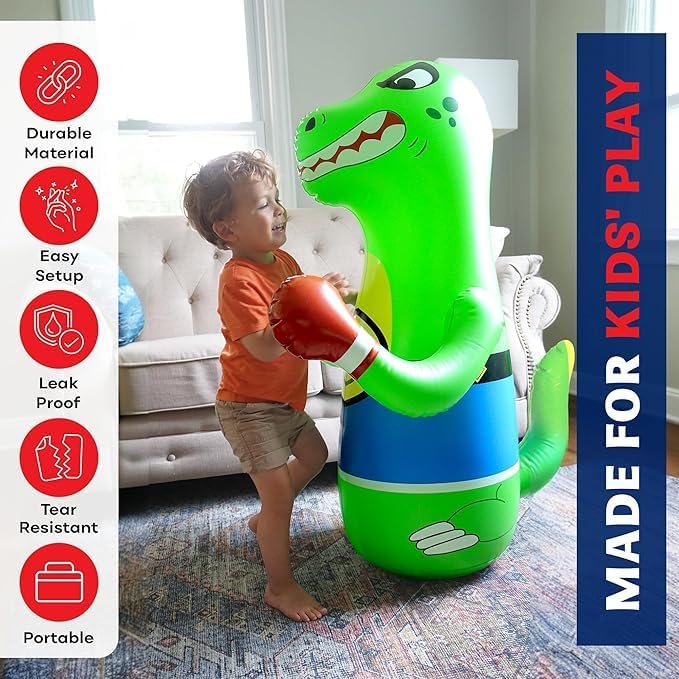 Preferred Toys 47" Inflatable Dinosaur Punching Bag for Kids - Durable Blow Up Kids Punching Bag with Bounce Back Base - Inflatable Indoor Outdoor Active Toddler Bop Play Toy