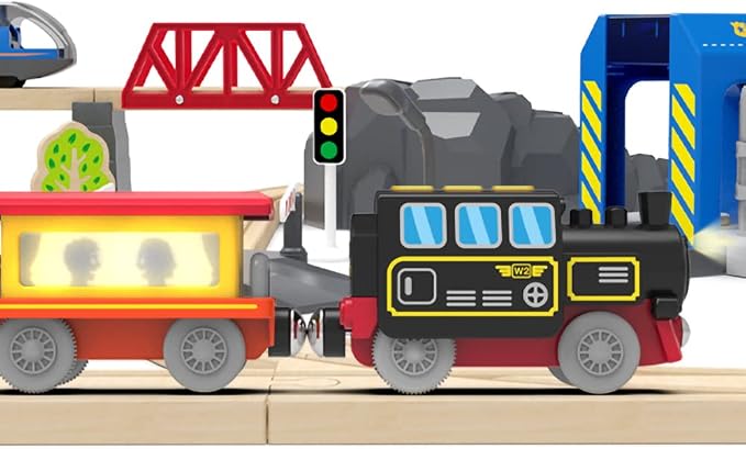 Motorized Train for Wooden Track – Black & Red Steam Locomotive with Flashing Carriage that Reveals Passenger Images, Lights & Sounds, Compatible with Thomas & Brio, Gift for Toddlers 3+