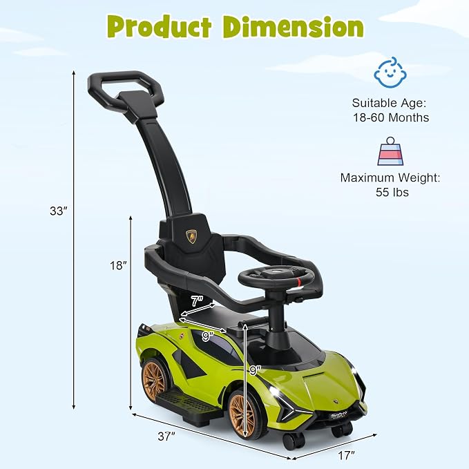 INFANS 3 in 1 Ride on Push Car, Licensed Lamborghini Baby Stroller Sliding Walking Car with Push Handle, Music, USB, Headlight, Under Seat Storage, Kids Foot-to-Floor Toy for 18-60 Months (Green)