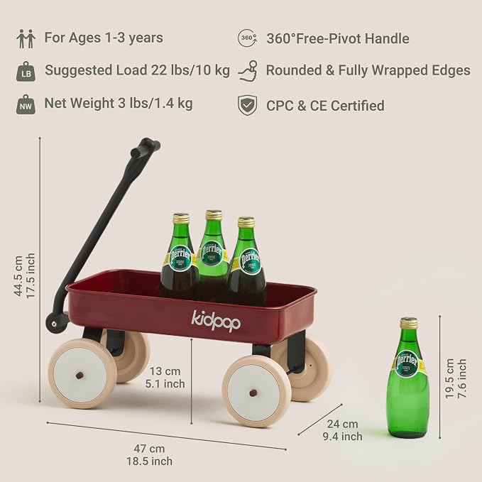 Kidpop Pula-Mini First Wagon for Toddlers, 4-Wheel Baby Pull Toy Cart for Kids Ages 1-3, Indoor & Outdoor Push Walker Toy, Ideal 1 Year Old Birthday Gifts (Red)
