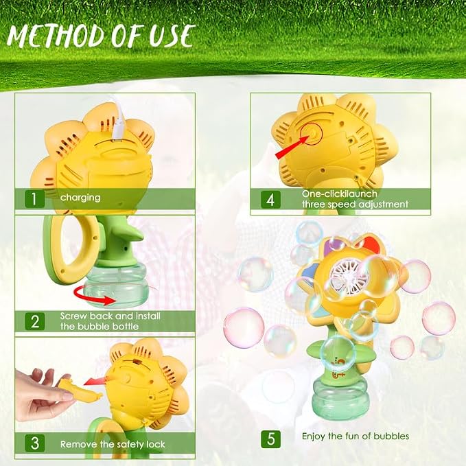 Sunflower Bubble Machine for Kids Automatic Flower Bubble Toy with Colorful Lighting for Toddlers Handheld 20000+Bubbles 3 Modes Fun Swing Dance Bubble Maker Blower Blaster Outdoor Toys Maize