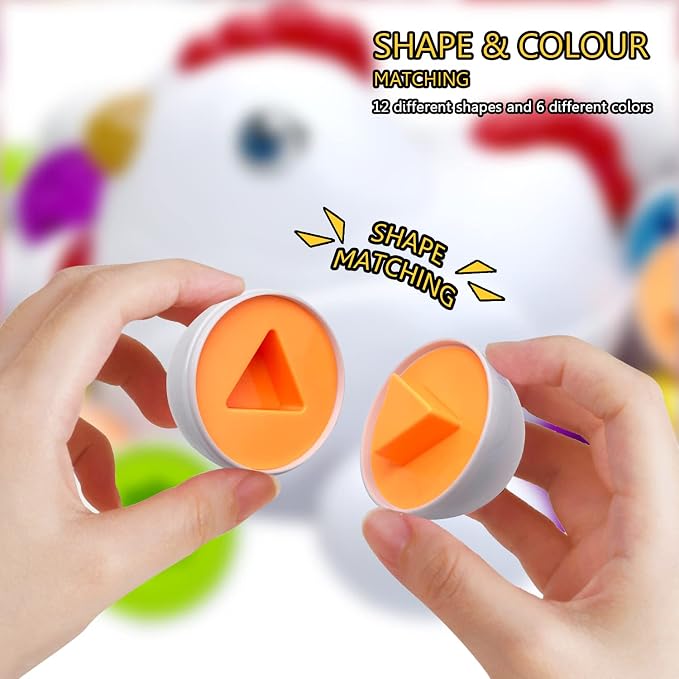 Easter Matching Eggs Toddler Toy with Push & Pull Chicken Box, 12 Pcs Montessori Sorter Learning Educational Toy, Multiple Shapes and Colors Fine Motor Skills Sensory Toy, Gift for Boys Girls
