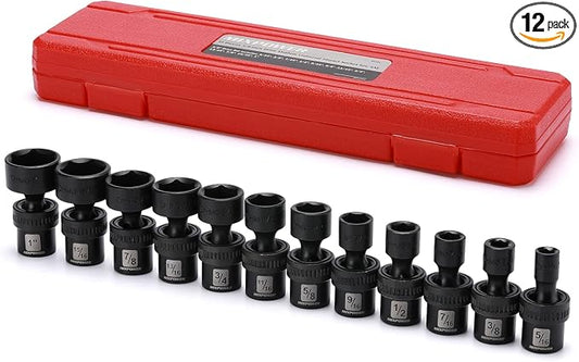 MIXPOWER 3/8" Drive Shallow Impact Universal Joint Swivel Socket Set, SAE, 5/16" - 1", Shallow, Flexible Wobble, Chrome Molybdenum Steel, 12 Pieces Set
