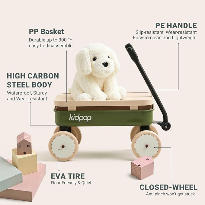 Kidpop Kids First Pull-Along Wagon with Removable Cover and Basket for Storage, 4-in-1 Push Pull Toy Cart for Toddlers, Lightweight (5.5 lbs), 1st Birthday Gift (Green)