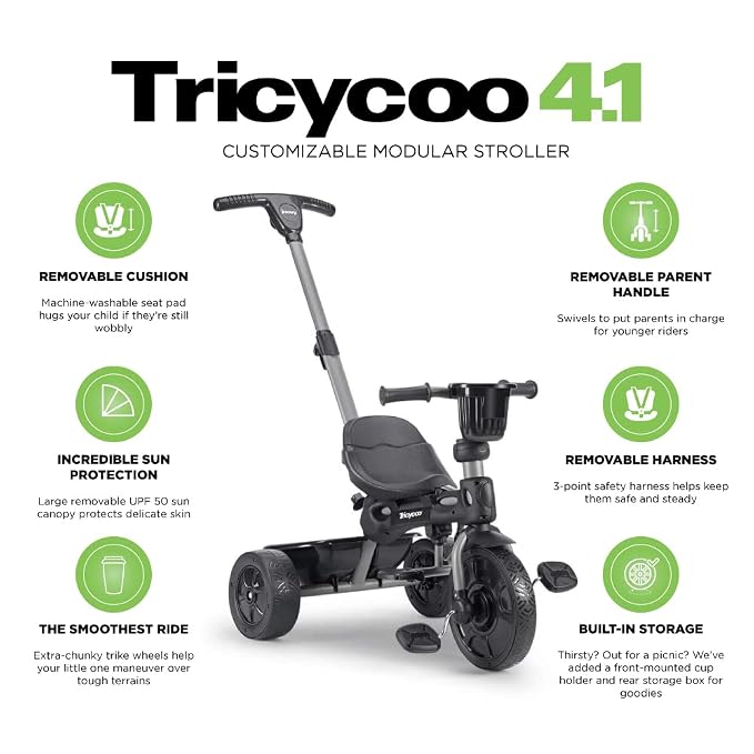 Joovy Tricycoo 4.1 Kids Tricycle with 4-Stages Featuring Extra-Wide Front Tire, Removable and Adjustable Parent Handle, Safety Harness, Machine-Washable Seat Pad, and Retractable Canopy (Black)