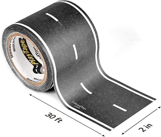 PlayTape Road Tape for Toy Cars - Sticks to Flat Surfaces, No Residue; 2 inch Wide x 30 ft Asphalt Road